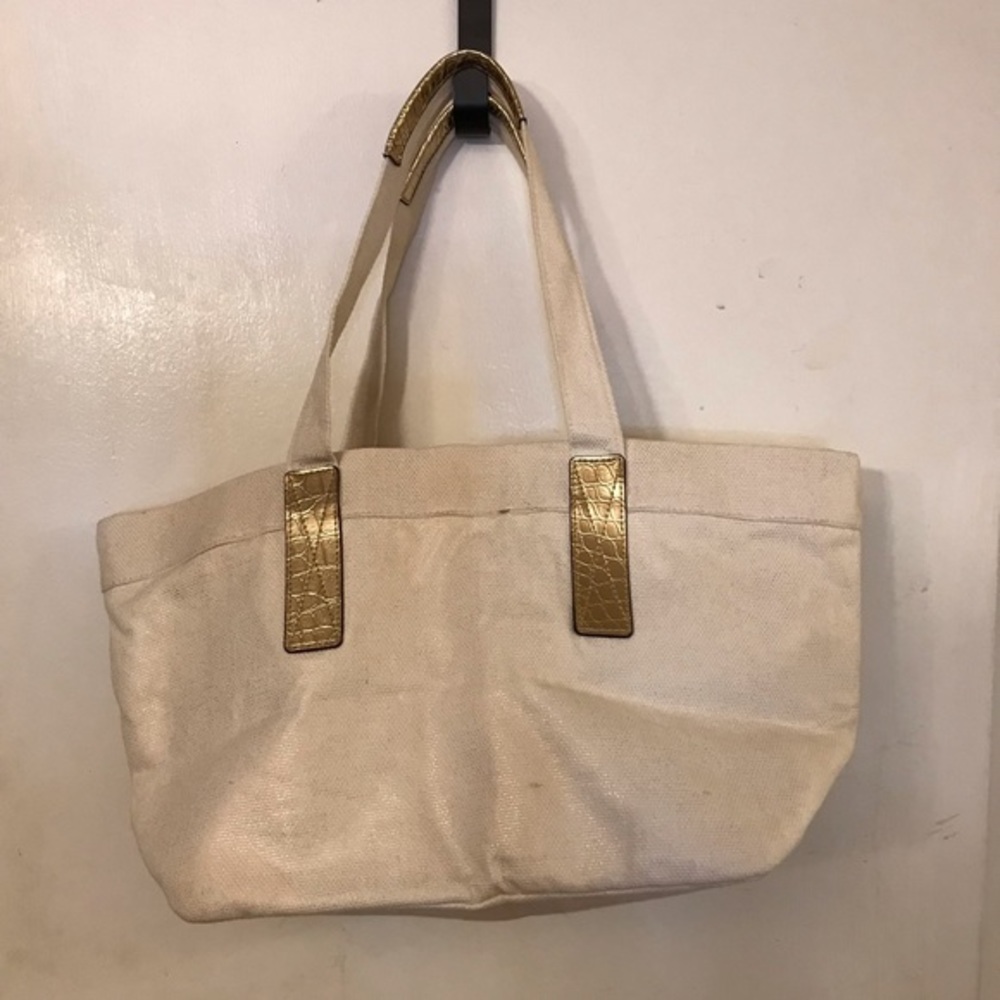 MICHAEL KORS Ivory Gold Croc Embossed Leather Trim Toe Bag